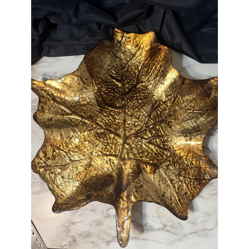 VTG Maple‎ Leaf Glass And Metal Dish Tray Fall Decor (P2914)
